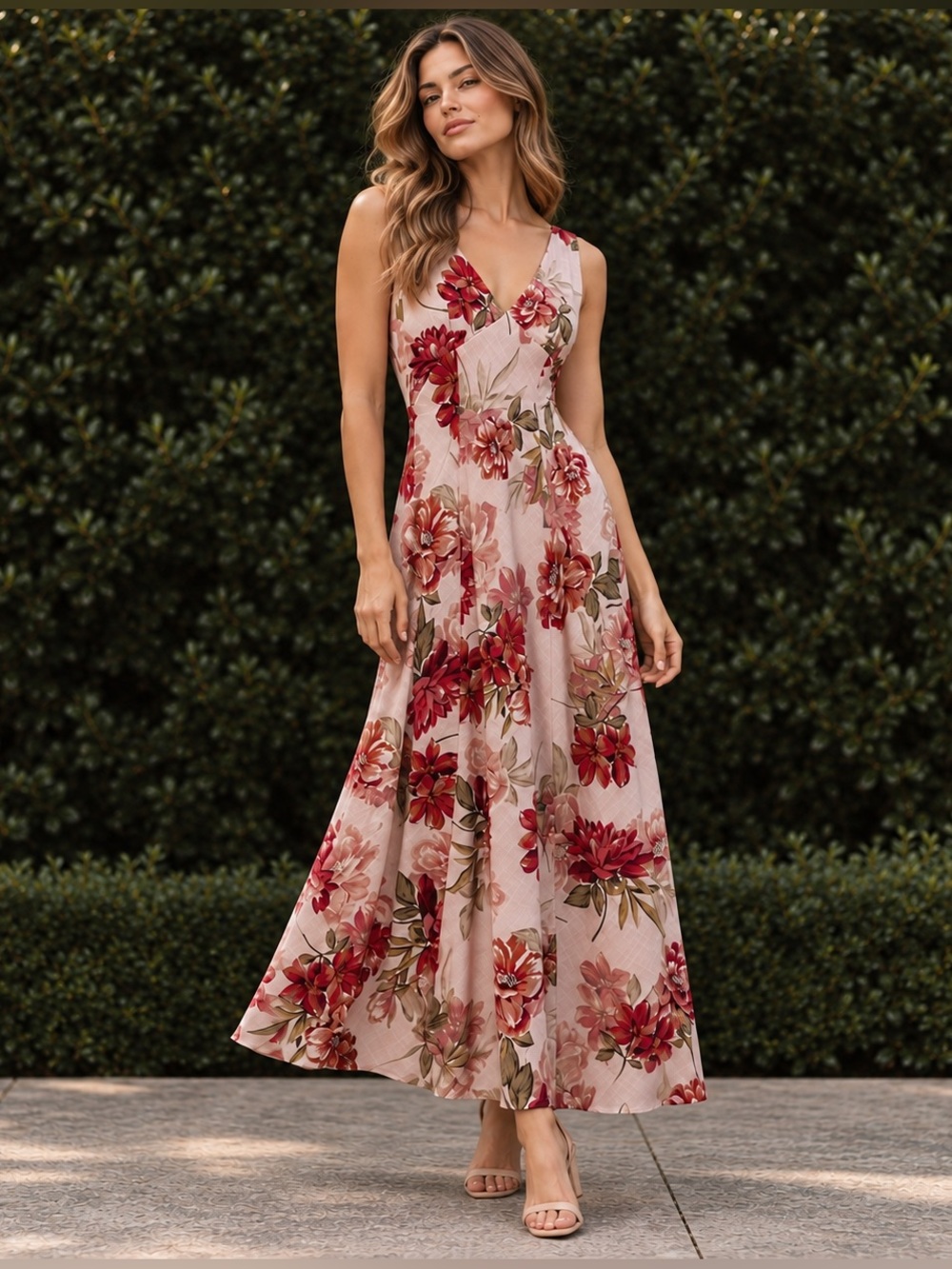 Paper Heart Anthropologie Floral Linen Blend Maxi Dress Pink Red Size M